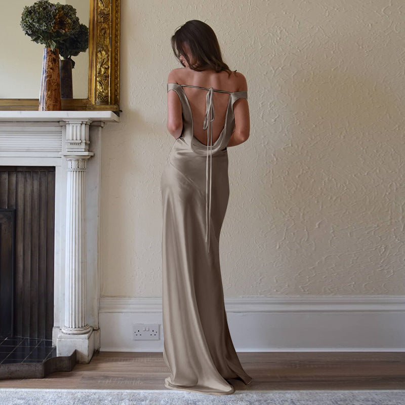 Elegant Pearlescent Backless Dress Lace-up Swing Collar Dress