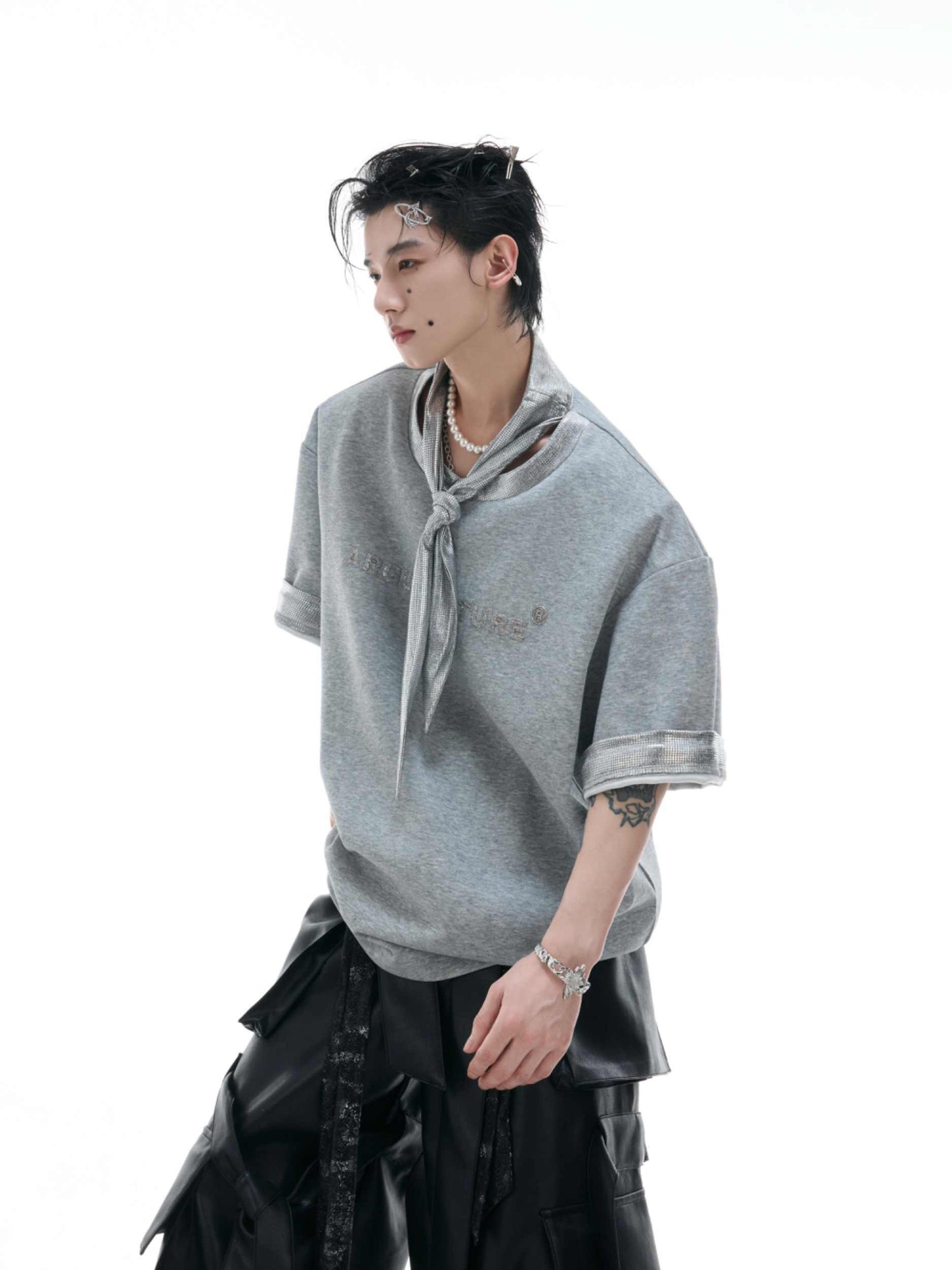Tie Stitching Design Short Sleeve Metal Printing Simple T-shirt Tide
