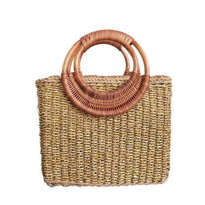 Handmade Rattan Handle Straw Bag Gold Fashion