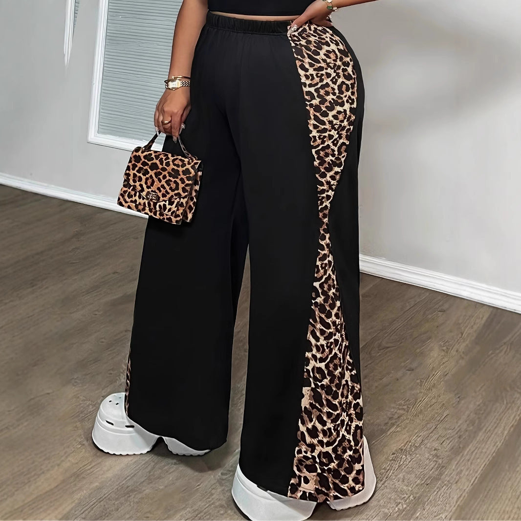 Black Loose Leopard Print Fashionable Wide-leg Pants Plus Size Women&