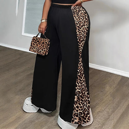 Black Loose Leopard Print Fashionable Wide-leg Pants Plus Size Women&