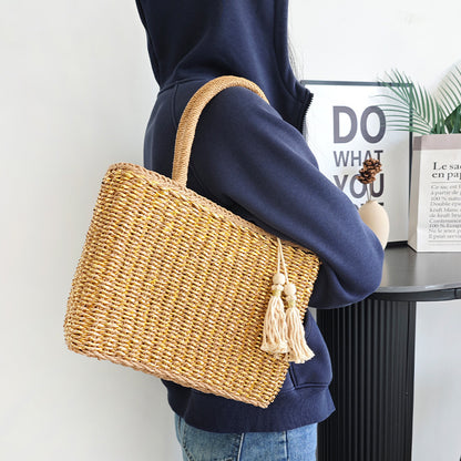 Handmade Rattan Handle Straw Bag Gold Fashion