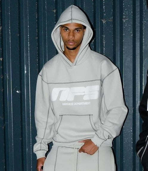 Letter Foaming Line Stitching Hooded Pullover Men&