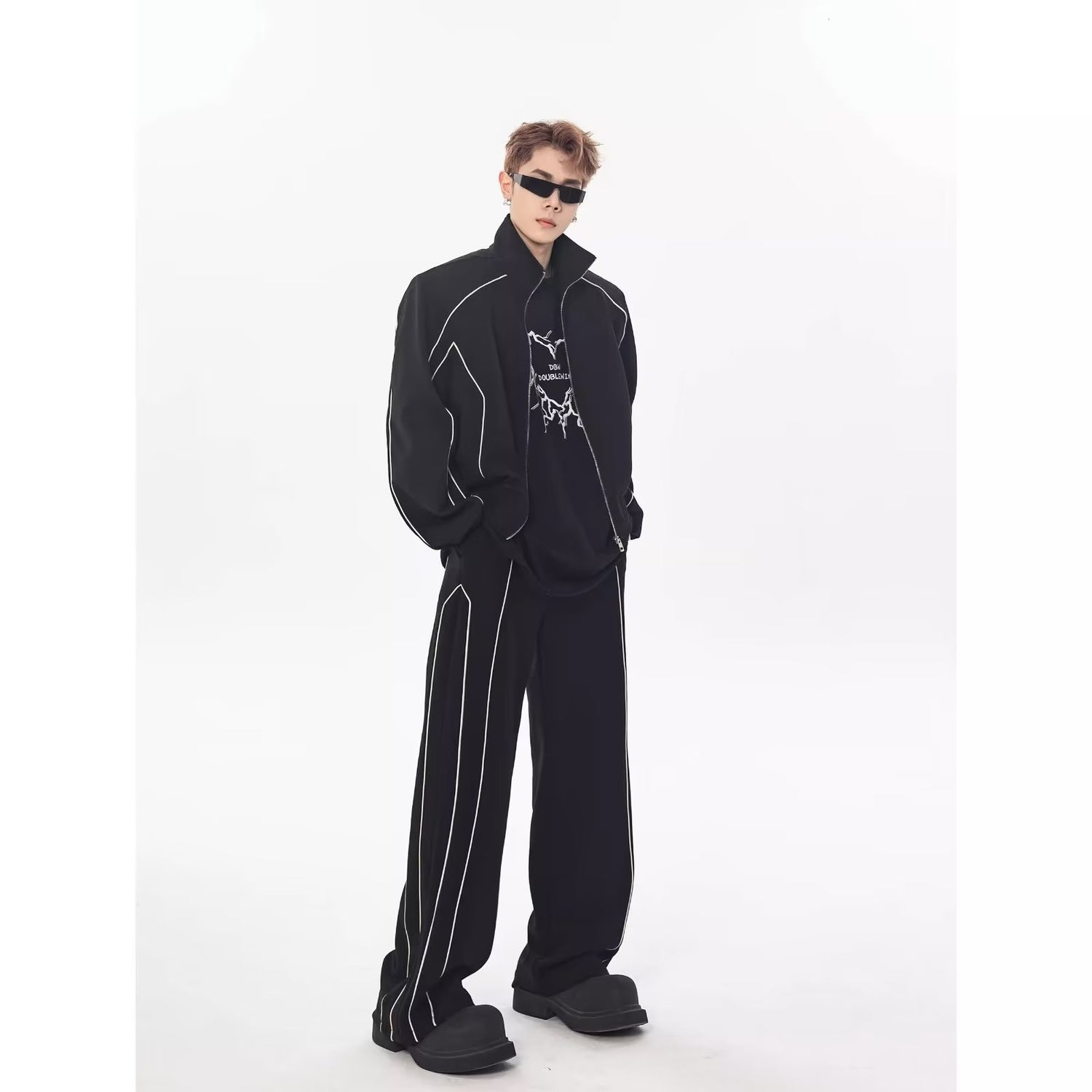 High-end Pu Shuai Casual Suit Loose Design Cardigan Stand Collar Jacket Wide Leg Pants Matching Two-piece Suit