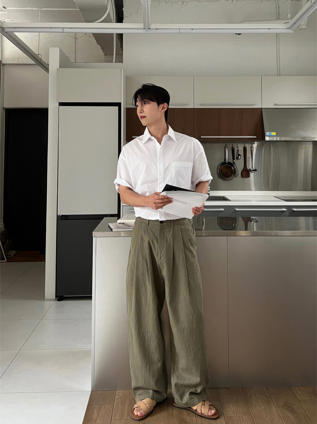 Army Green Linen Leisure Trousers Men&