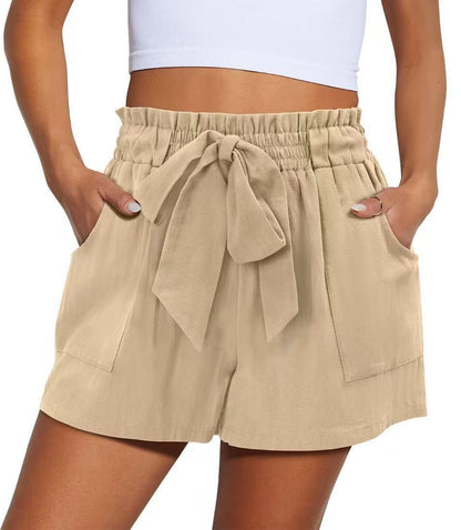 Summer New Elastic Waist Drawstring Knotted Short Solid Color Casual Women