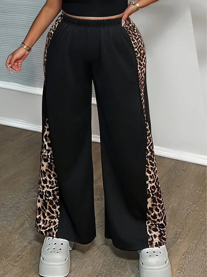 Black Loose Leopard Print Fashionable Wide-leg Pants Plus Size Women&