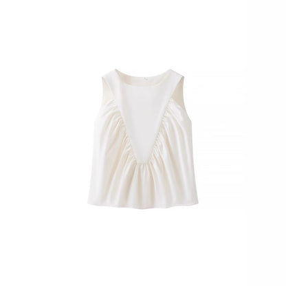 Pleated Decorative Vest Women's Solid Color Round Neck Sleeveless Pullover