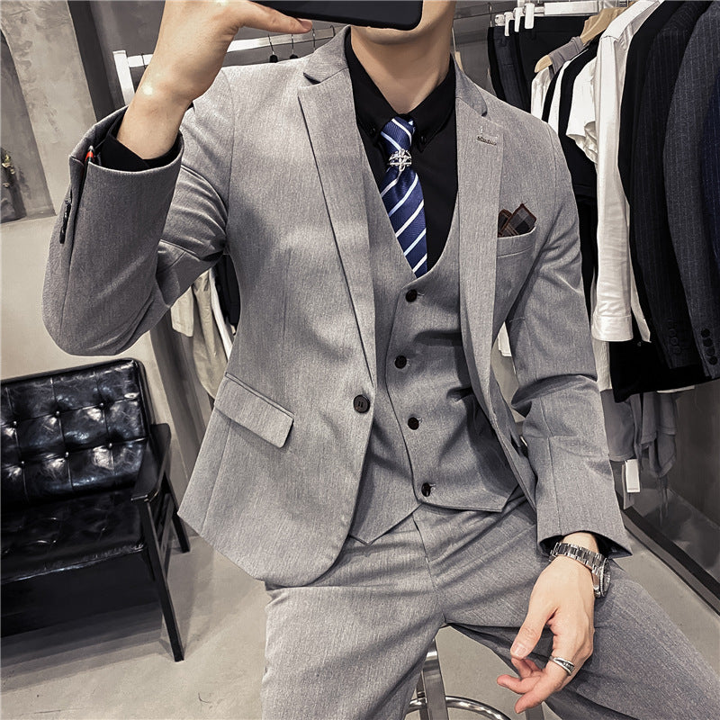 Business Formal Wear Plus Size Swallowtail Three-piece Solid Color Korean Men&
