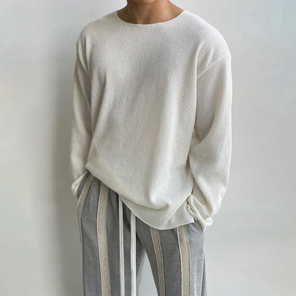 Round Neck Loose Casual White Sweater Long Sleeve Men&