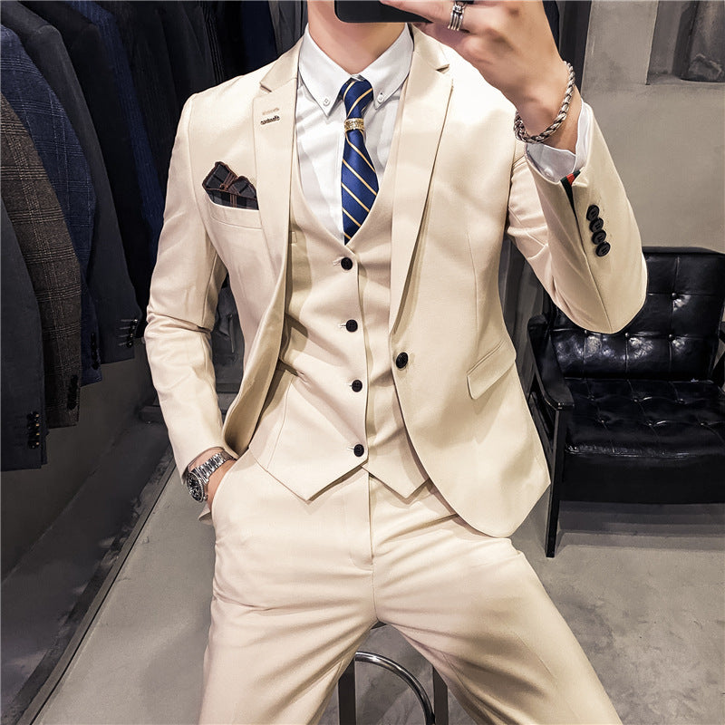 Business Formal Wear Plus Size Swallowtail Three-piece Solid Color Korean Men&