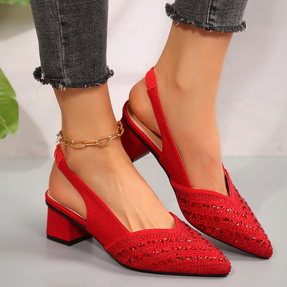 Rhinestone Pointed Toe Low Heel Women&