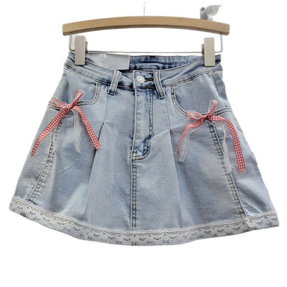 Lace Lace Band Bow High Waist Slimming A- Line Skirt