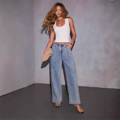 Slimming And Straight Versatile Retro Draping Mid-waist Wide-leg Jeans