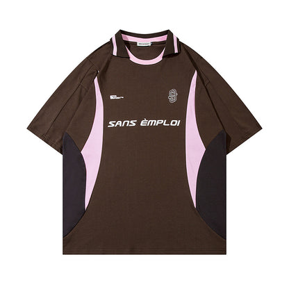 Retro Sports Deconstruction Stitching Contrast Color Short Sleeve