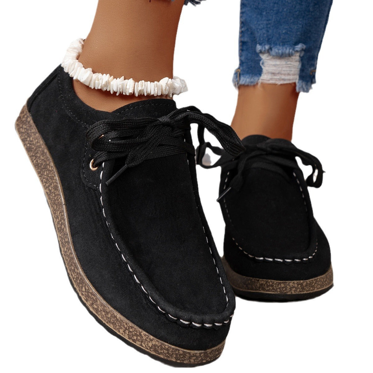 Solid Color Front Lace-up Round Toe Women&