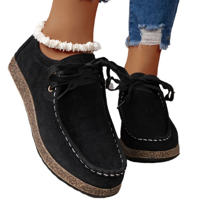 Solid Color Front Lace-up Round Toe Women&