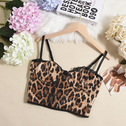 Sequin Leopard Print Adjustable Shoulder Strap Beauty Back Women&