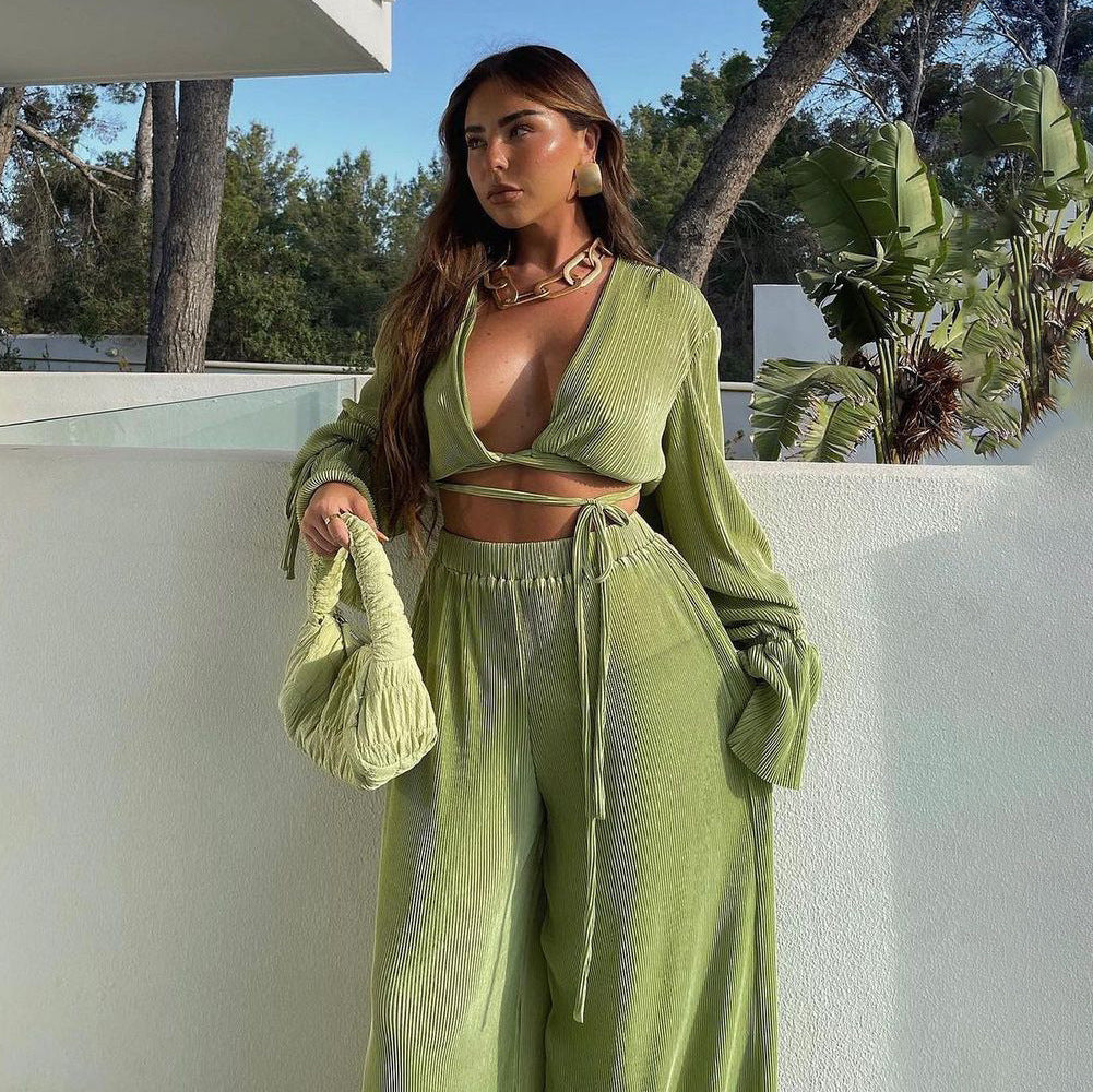 Fashion Retro Long Sleeve Pleated Women&