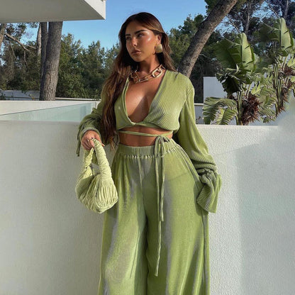 Fashion Retro Long Sleeve Pleated Women&