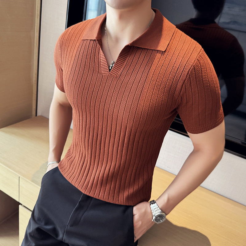 V-neck Knitted Lapel Short-sleeved T-shirt Men&
