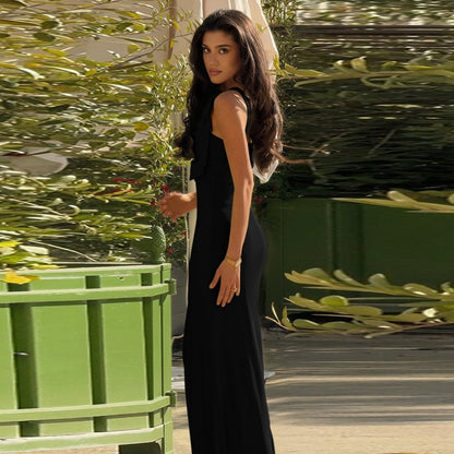 Solid Color Sexy V-neck Lace-up Waist-controlled Dress