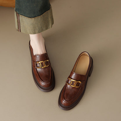 Sheepskin Preppy Style Metal Buckle High Heel Loafers Women