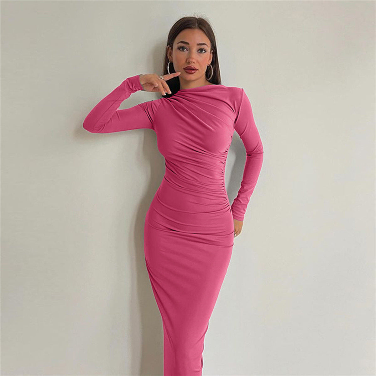 European And American Slim-fit High-grade Pure Color Temperament Long Sheath Dress