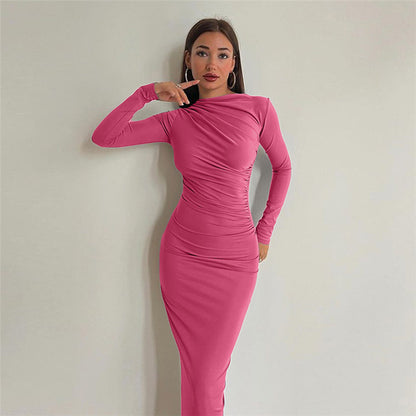 European And American Slim-fit High-grade Pure Color Temperament Long Sheath Dress
