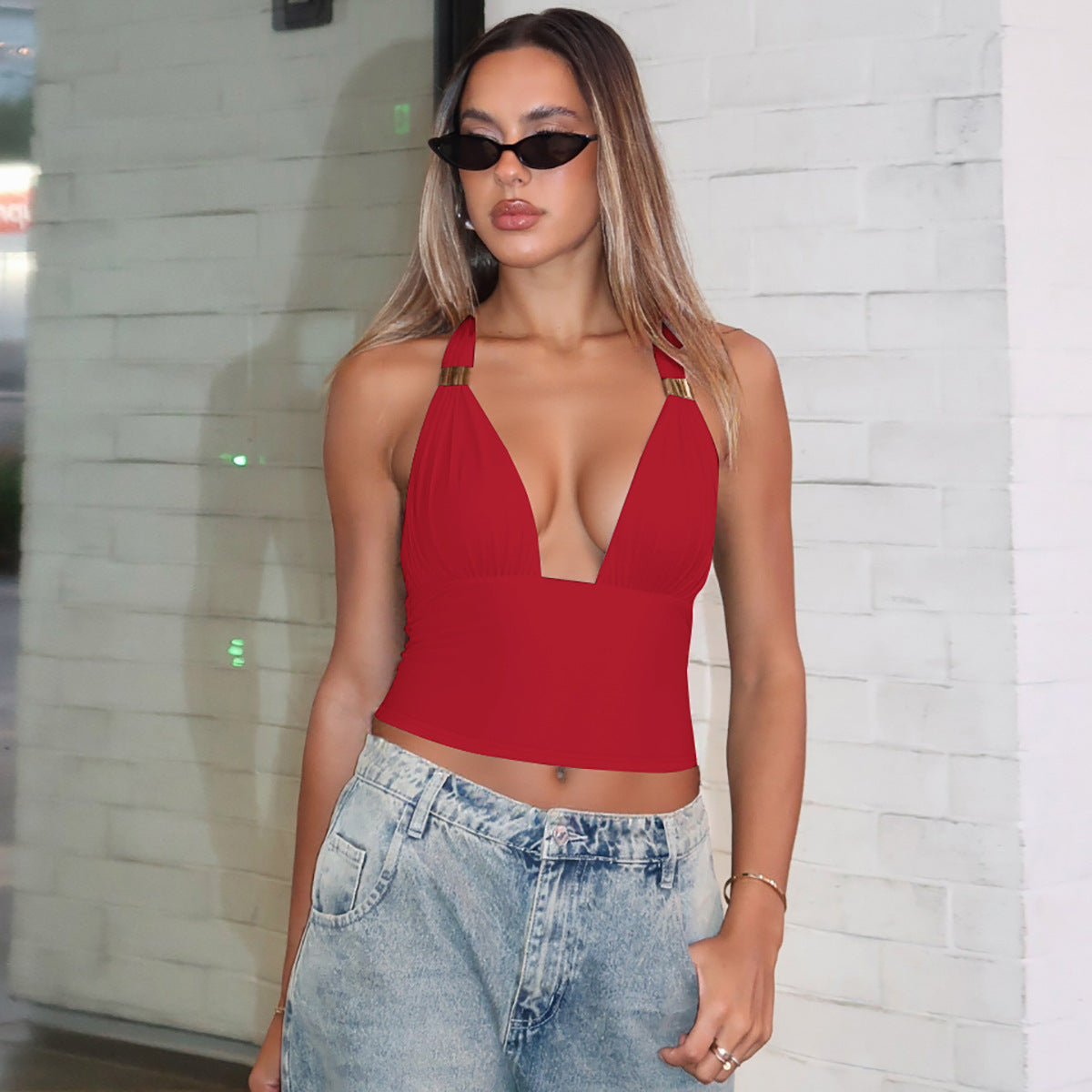 Deep V Metal Decorative Halter Backless Slim Fit Tied Tube Topi