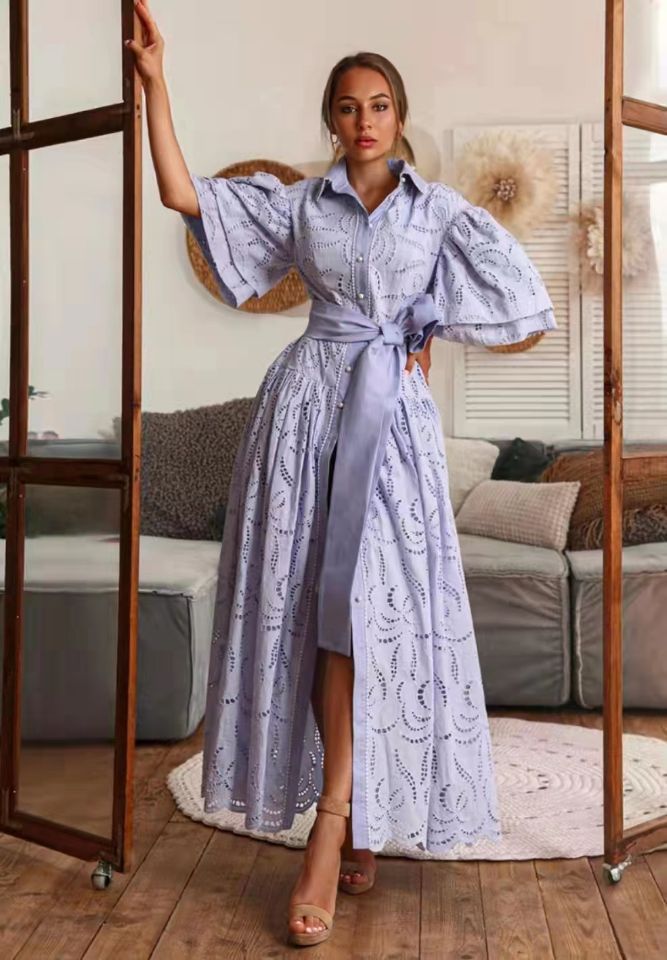 Trumpet Cake Sleeve Short  Embroidery Hollow Dress