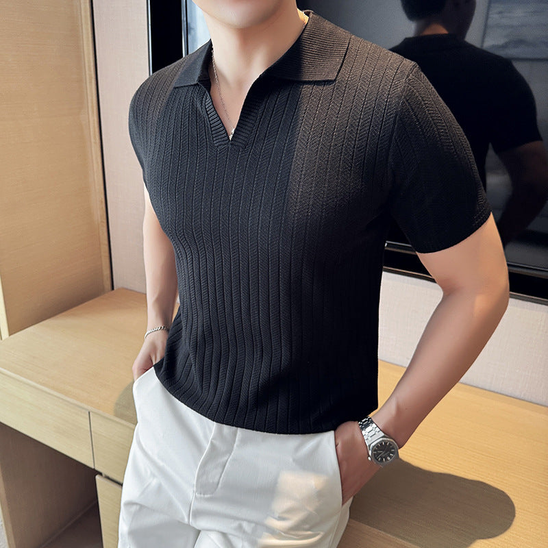 V-neck Knitted Lapel Short-sleeved T-shirt Men&