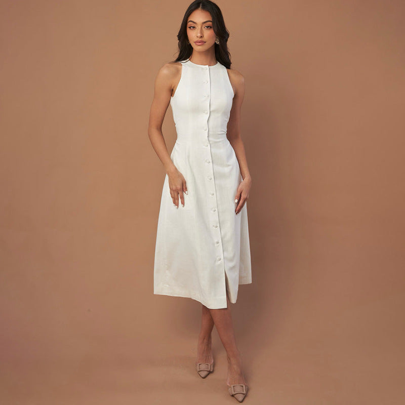 Sleeveless Round Neck Multi-button Strap Casual Dress