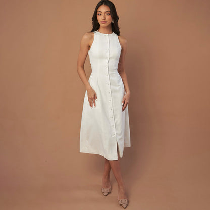 Sleeveless Round Neck Multi-button Strap Casual Dress