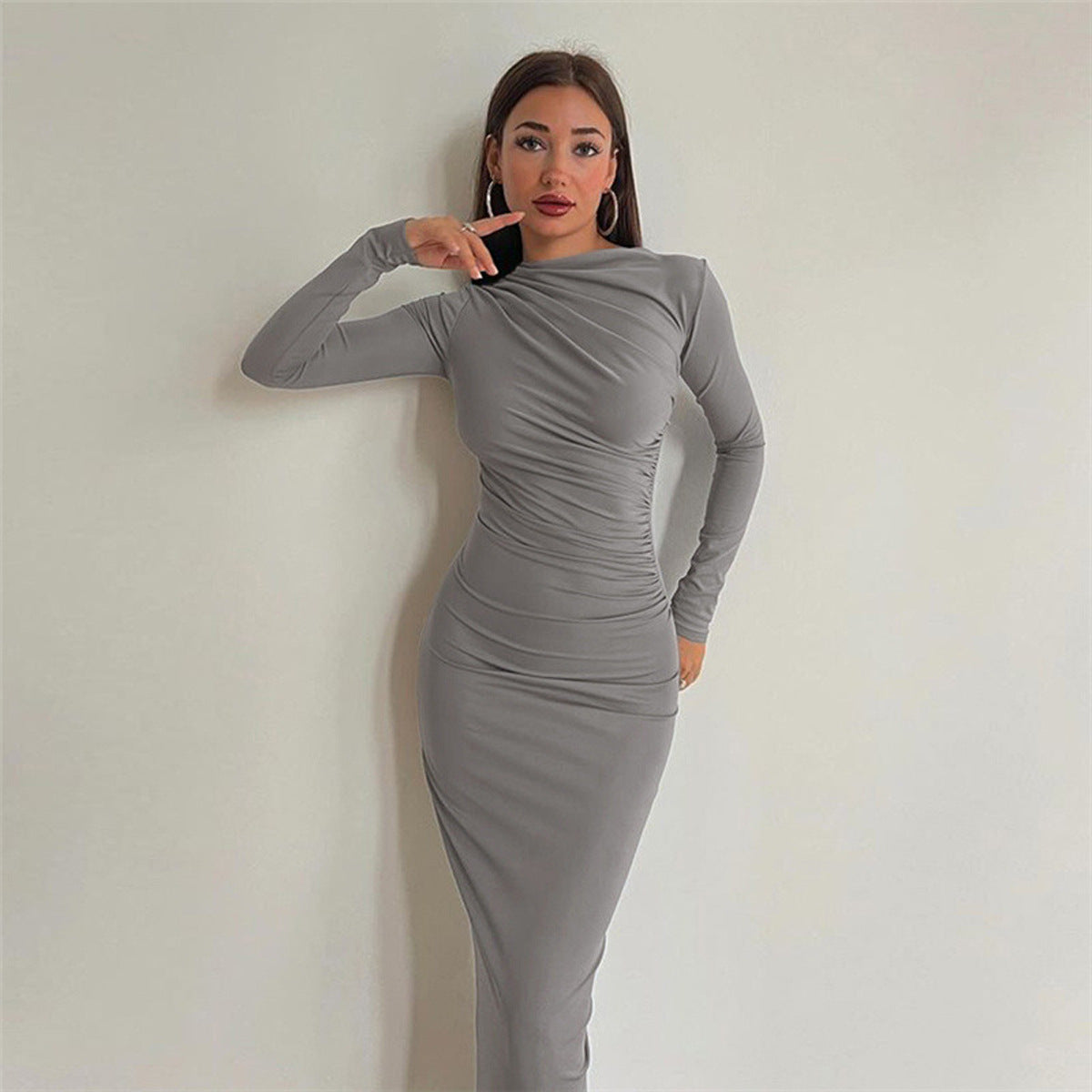 European And American Slim-fit High-grade Pure Color Temperament Long Sheath Dress