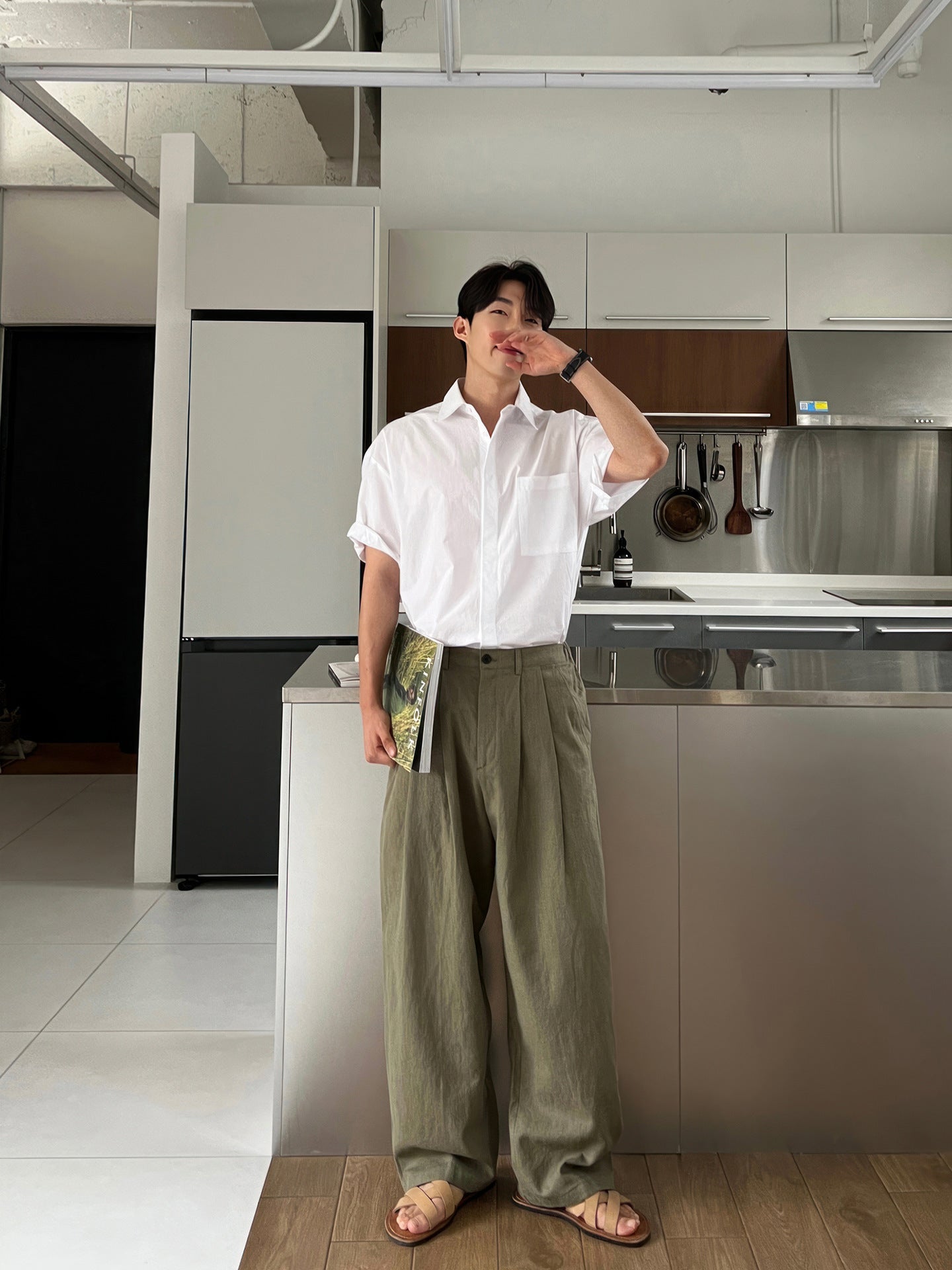 Army Green Linen Leisure Trousers Men&
