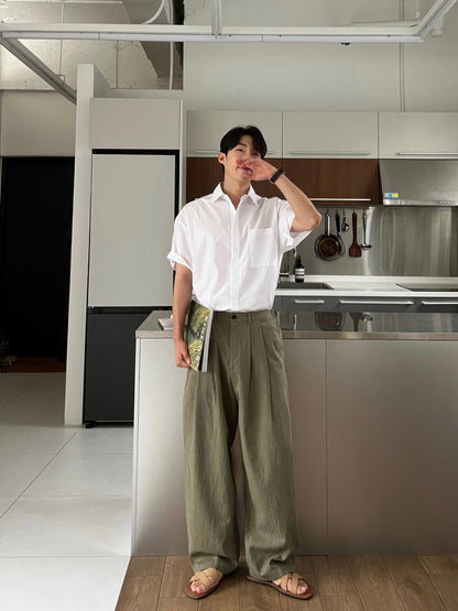 Army Green Linen Leisure Trousers Men&
