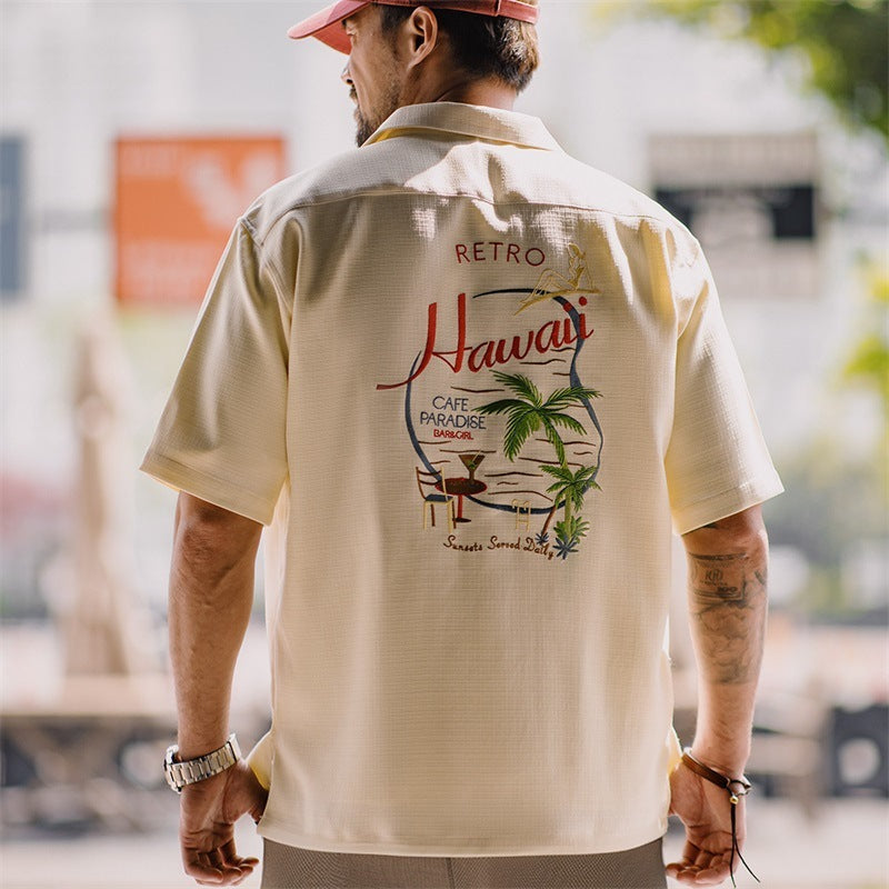 Bamboo Pattern Cuban Collar Shirt For Men