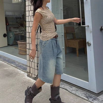 Retro Pleated Wide Leg Straight Denim Shorts Without Belt
