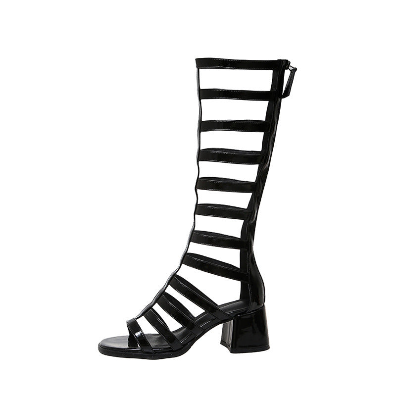 High Hollow-out Round Toe Sandal Boots Chunky Heel High Leg-length Roman Women&
