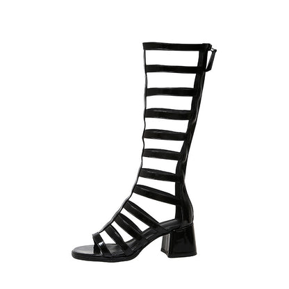 High Hollow-out Round Toe Sandal Boots Chunky Heel High Leg-length Roman Women&