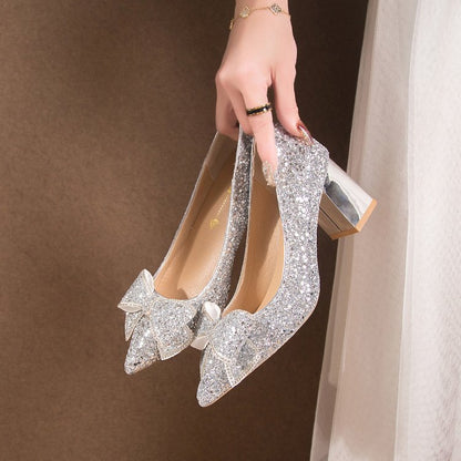 Crystal Sequins Wedding Xiuhe Chunky Heel Pointed-toe Shoes