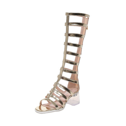 High Hollow-out Round Toe Sandal Boots Chunky Heel High Leg-length Roman Women&