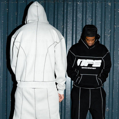 Letter Foaming Line Stitching Hooded Pullover Men&
