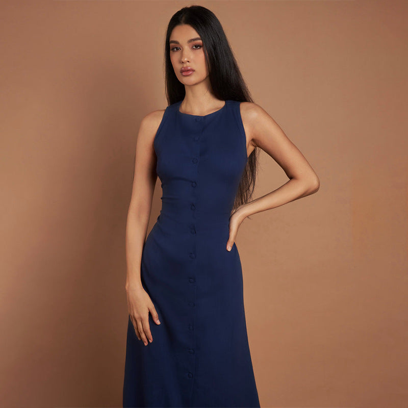 Sleeveless Round Neck Multi-button Strap Casual Dress